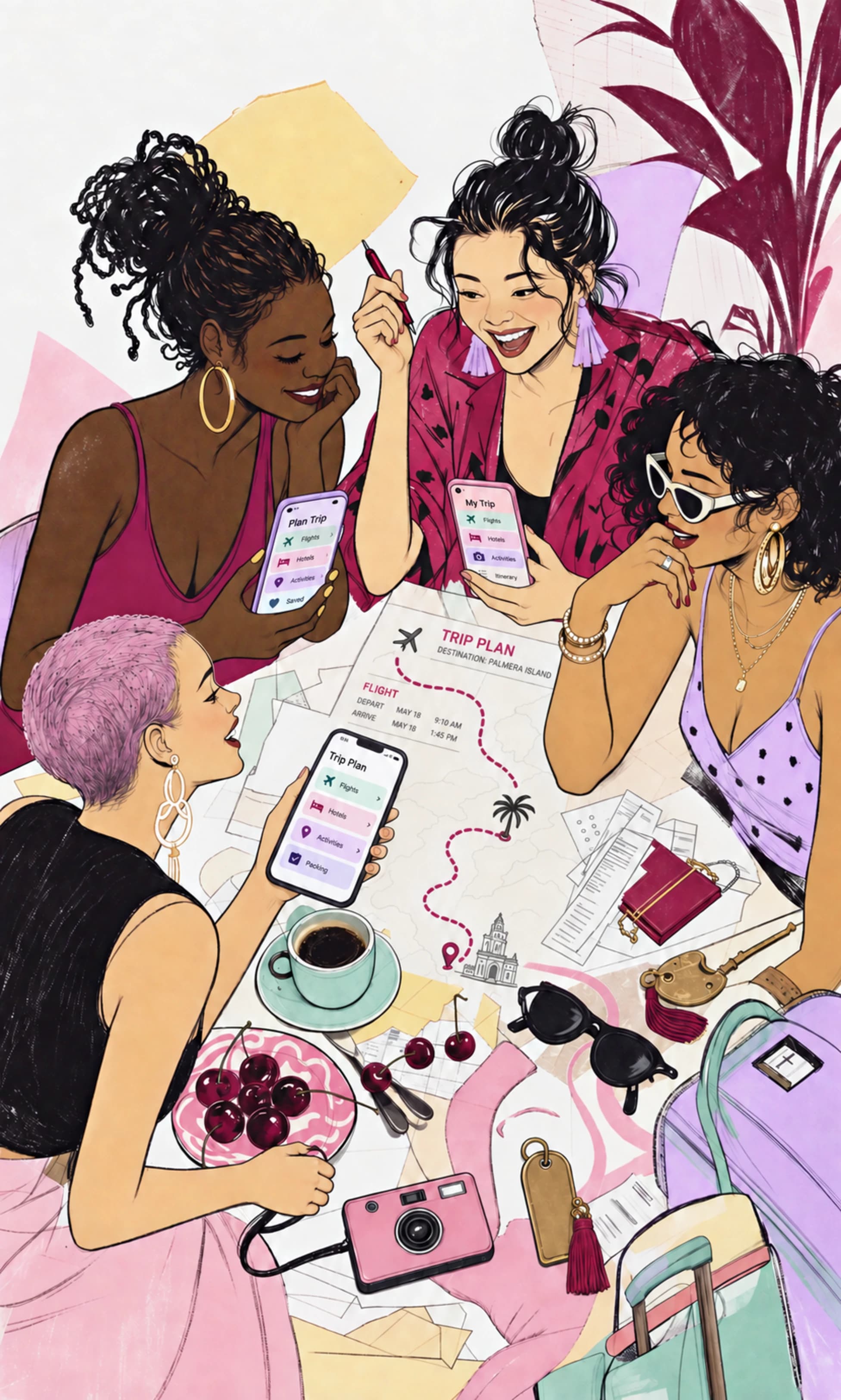 Four friends gathered around their girls' trip plans