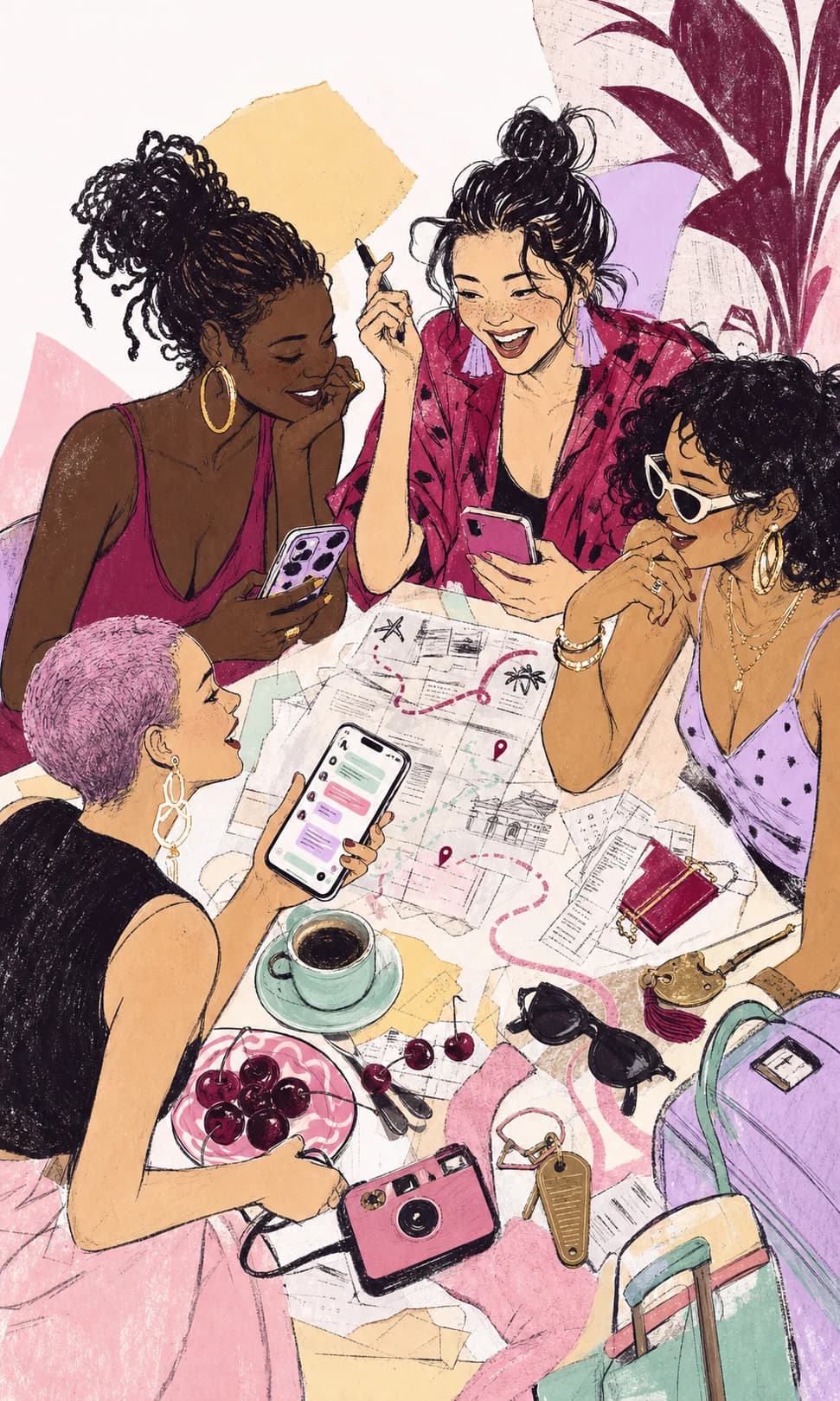 Four friends laughing and planning a trip around a table covered with maps, phones, keys, sunglasses, and a camera