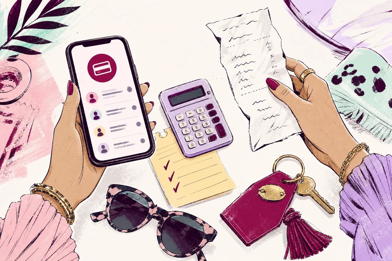 Illustrated hands checking a phone and receipt beside a calculator, sunglasses, and hotel key