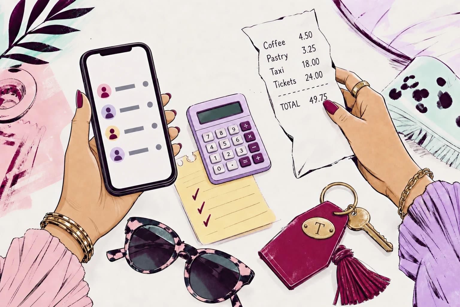 Illustrated hands checking a phone and receipt beside a calculator, sunglasses, and hotel key